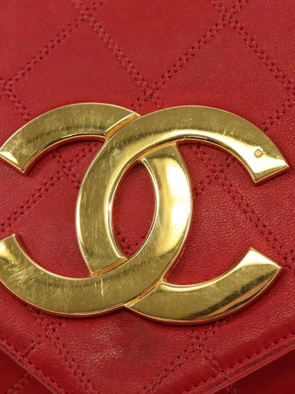 CHANEL Bicolore Chain Shoulder Bag Lamb Skin Red Gold CC Auth BA13416V